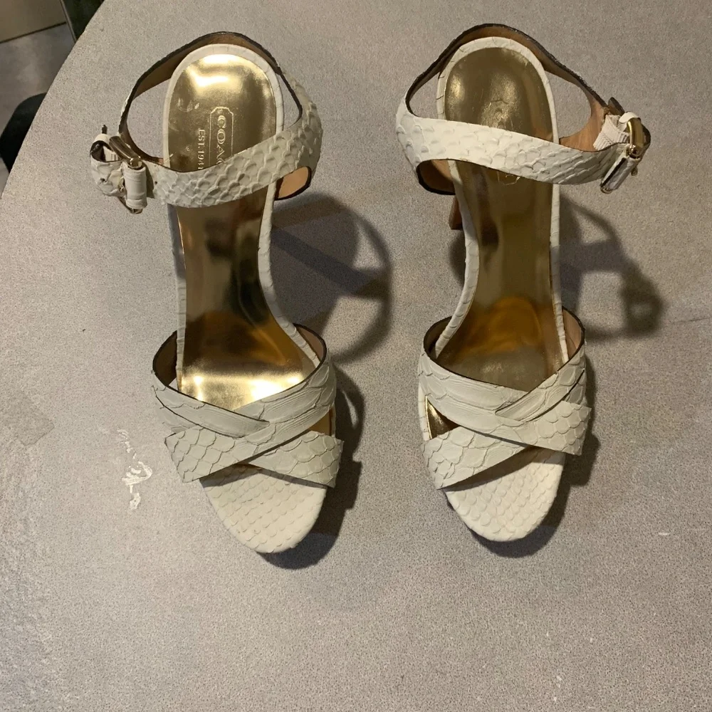 Coach Ivory Snakeprint Leather Platform High Sandals sz 8.5 B